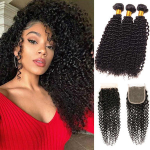 10A Kinky Curly Hair 4 Bundles With Closure Brazilian Hair Natural Color - edmundhair.com