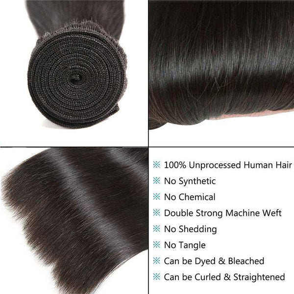 10A Straight Thick& Soft Brazilian Human Hair Bundles with Closure Virgin Hair Natural Color - edmundhair.com