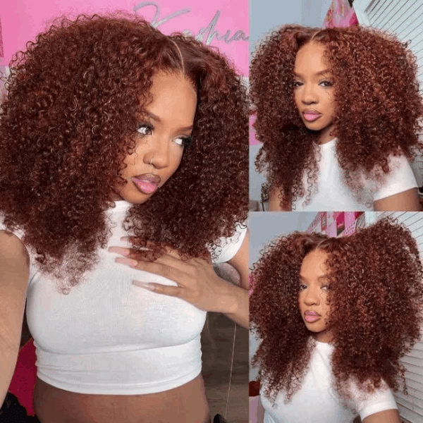 22'' $189 Reddish Brown Glueless Human Hair 6x4.5 Pre - Cut Glueless Kinky Curly Wig - edmundhair.com