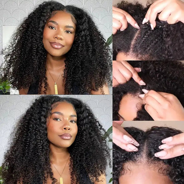 Glueless V Part Kinky Curly Human Hair Wig Beginner Friendly