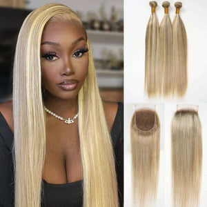 3 Bundles with Closure Customized Blonde Balayage on Brown Straight Human Hair 4x4 Lace Closure - edmundhair.com