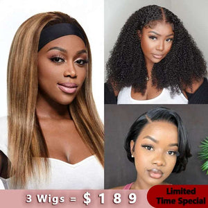 3Wigs = $189 | Highlight Color Glueless Headband Wig+Pixie Short Lace Wig+Kinky Curly Glueless Bob Wig - edmundhair.com