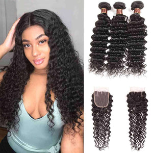 9A Deep Wave Virgin Hair 3 Bundles with Closure Natural Color Brazilian Hair - edmundhair.com