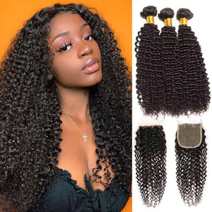 9A Kinky Curly 3 Bundles with Lace Closure Natural Color Brazilian Virgin Hair - edmundhair.com