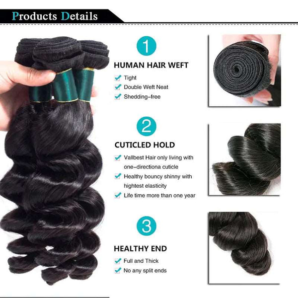 9A Loose Wave Virgin Hair 3 Bundles with Closure Natural Color Brazilian Hair - edmundhair.com