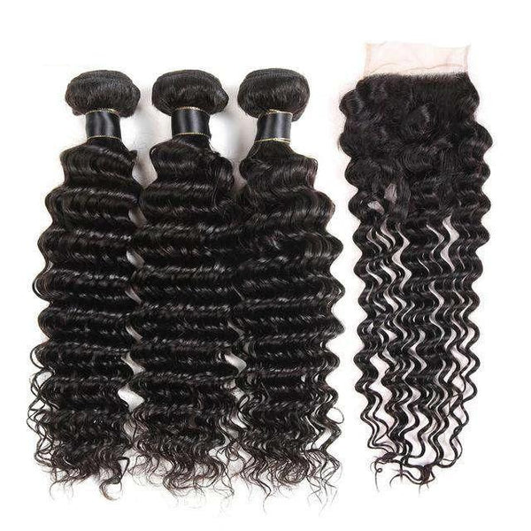 Deep Wave 10A 3 Bundles with Closure Free Part Brazilian Human Hair Natural Color