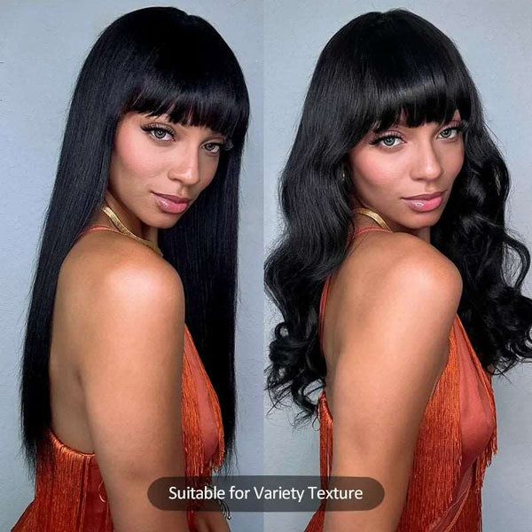 Clip In Bang with Temples Hand-Tied Melt Lace Natural Black Straight Human Hair Extension