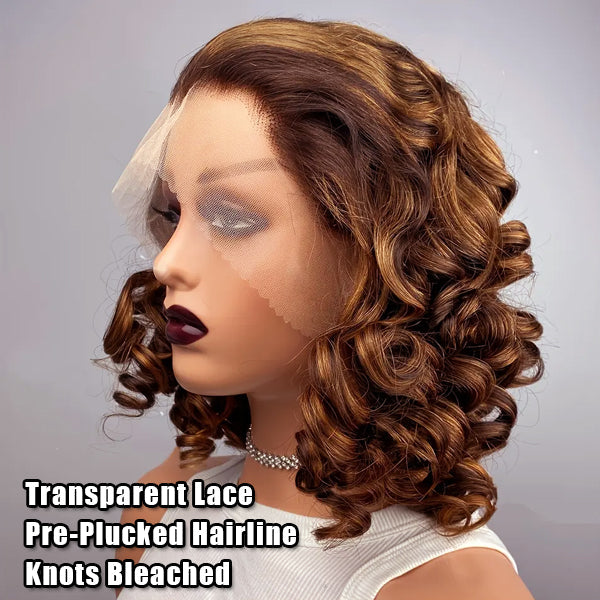 Egg Roll Bob Curly P4/27 Highlight 5x5 13x4 Transparent Lace Frontal Wigs Human Hair