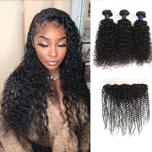 Cute Curly 3 Bundles With Frontal Jerry Curly 9A Grade Brazilian Virgin Hair