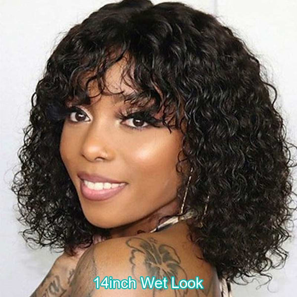 Curly Wig with Bangs Cost-effective To-Go Wig 10A Human Hair